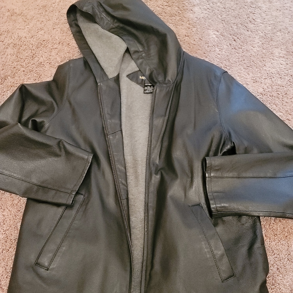 Metrostyle 100% Leather Moto Jacket S Womens Large Fleece Lining Hooded